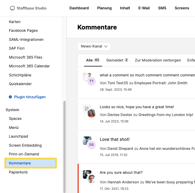 Übersicht der Kommentare im Studio – Staffbase Support Portal