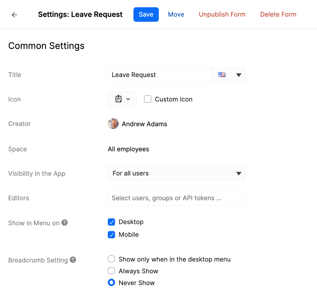 Common Settings for a Form