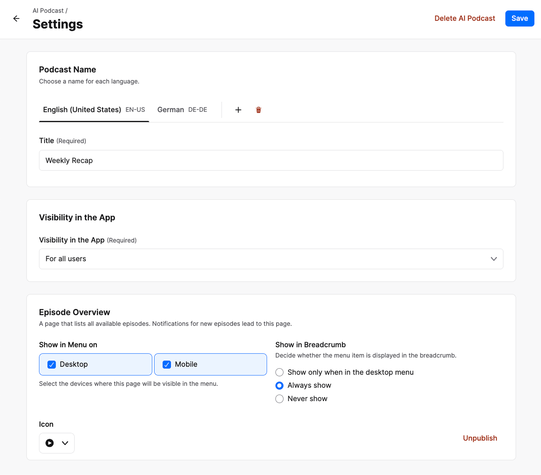 AI Podcast Settings Page.png