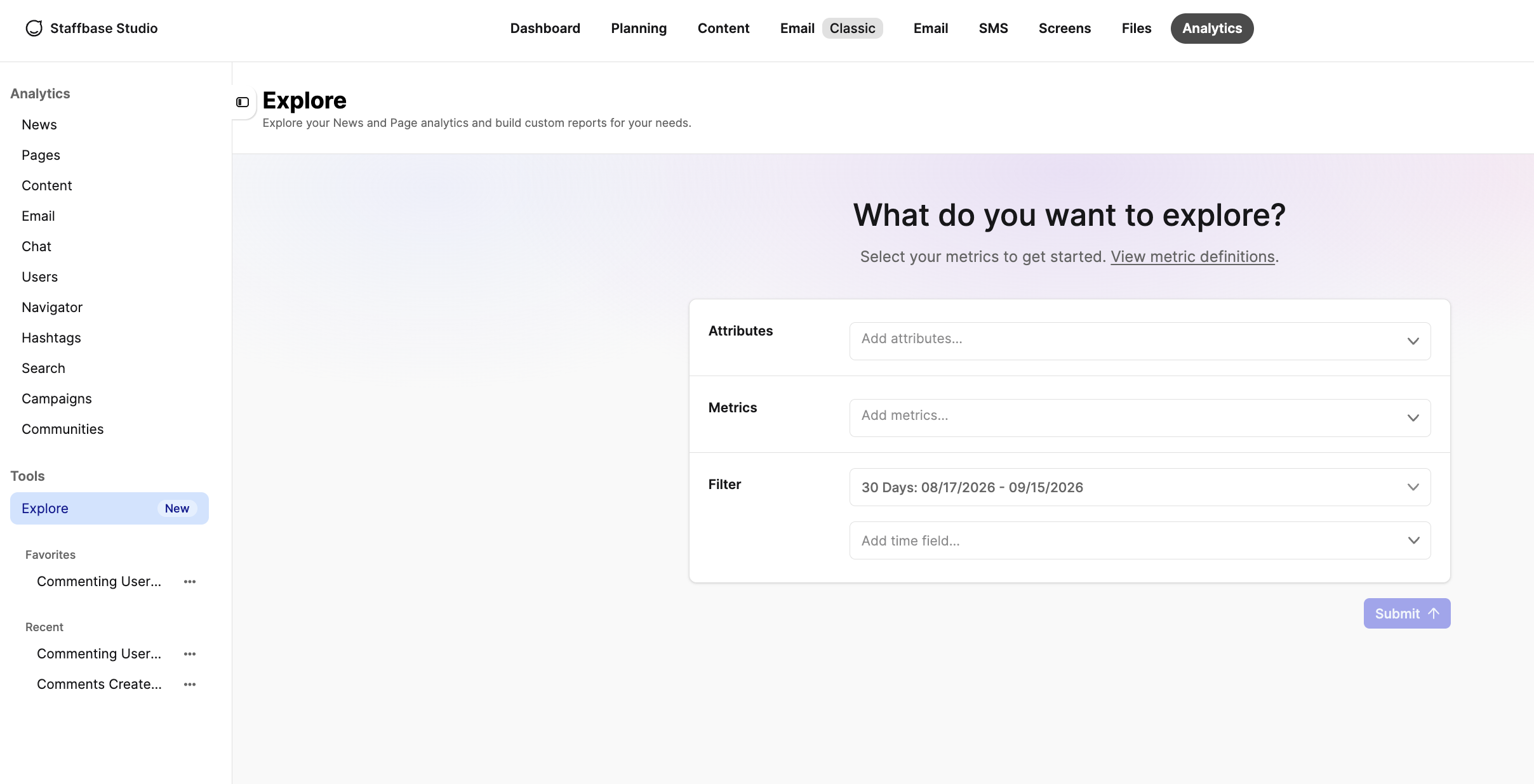 The Explorer tool page in Studio Analytics