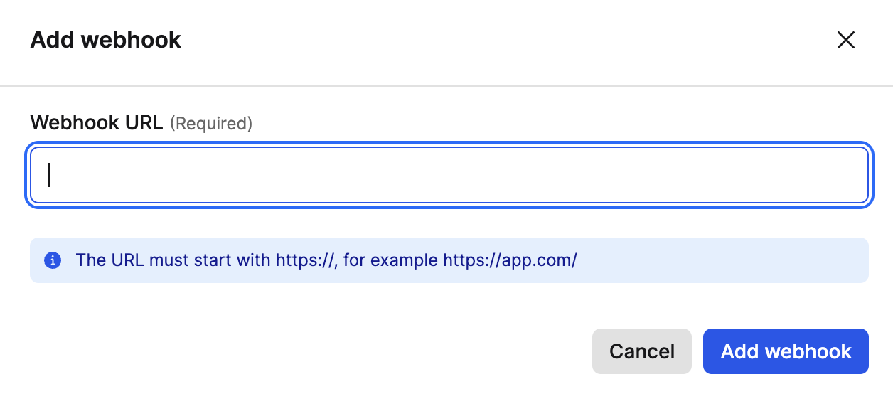 Add Webhook dialog with the webhook URL field