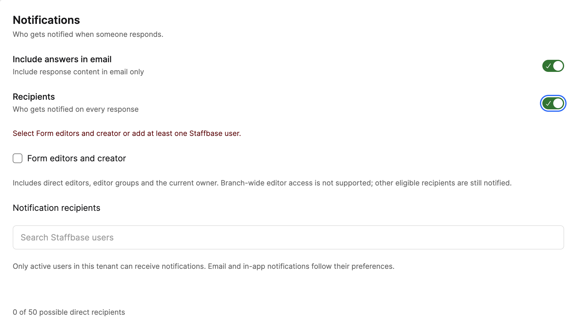 Notifications section in the form settings