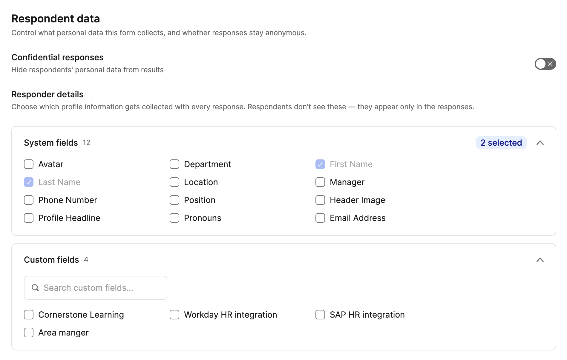 Respondent Data section in the form settings