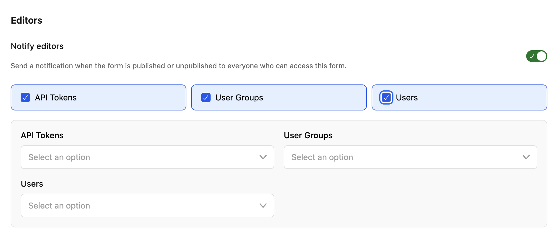 Editors section in the form settings