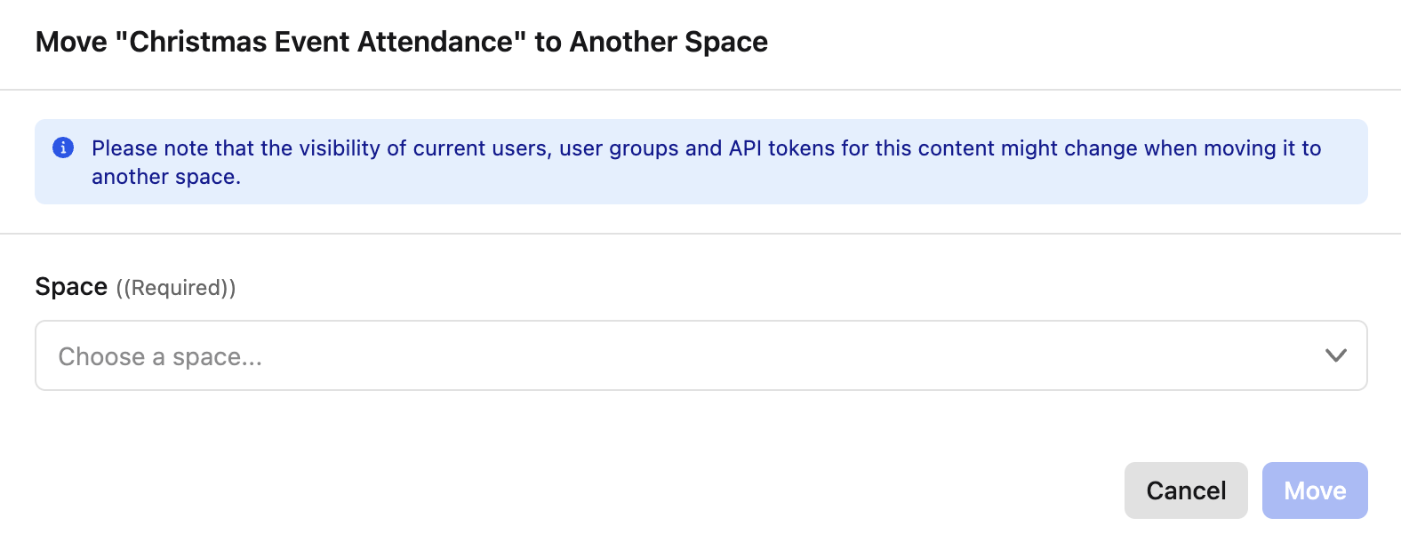 Move to Another Space dialog with the Space dropdown