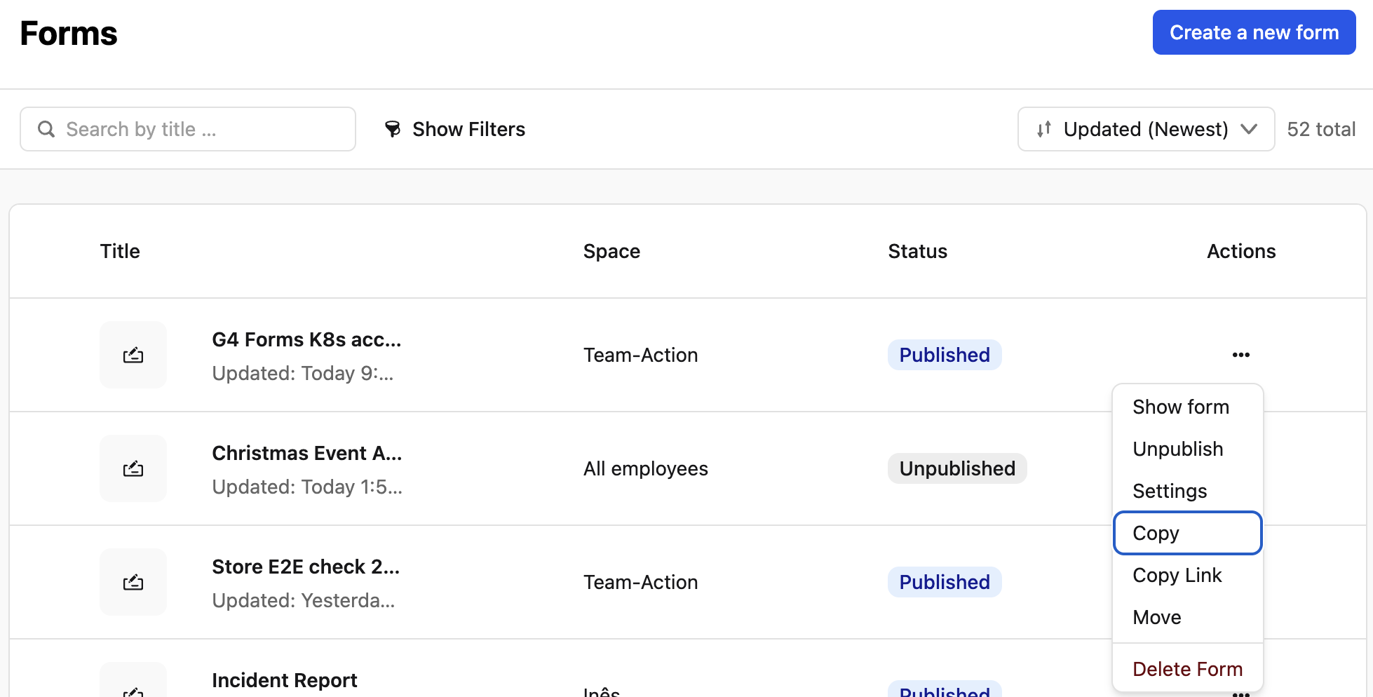 Actions menu of a form in the Forms overview