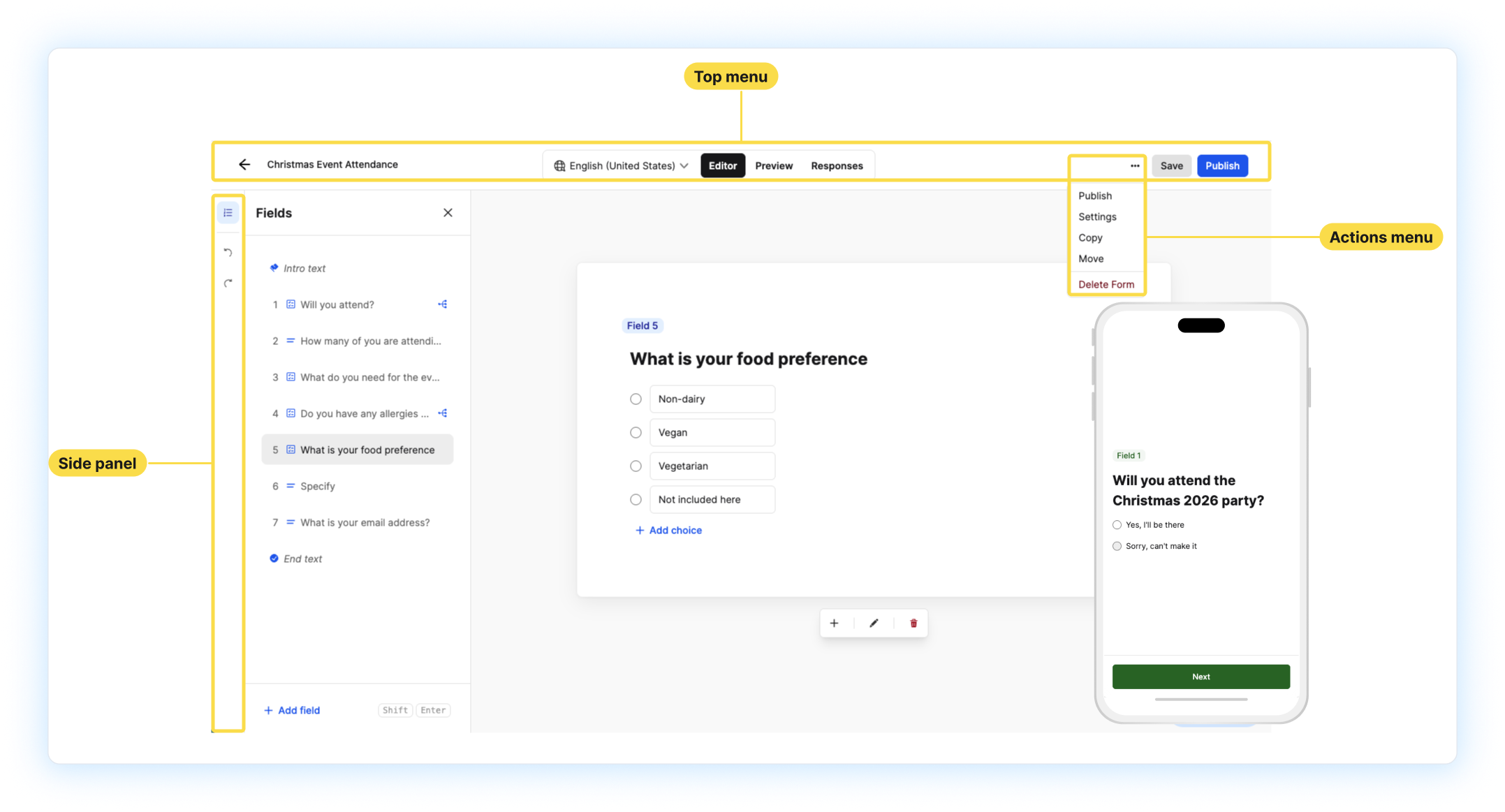 Form Editor with the top menu, side panel, and field canvas