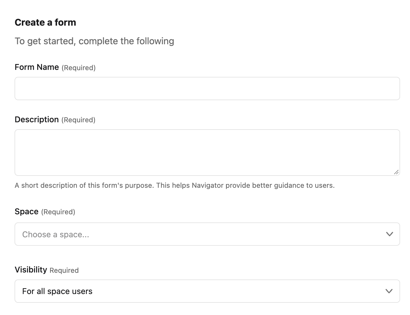 Create a Form dialog with title, description, space, and visibility fields