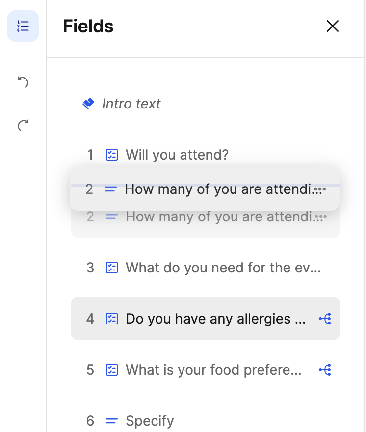 Drag handle on a question in the Fields navigation bar