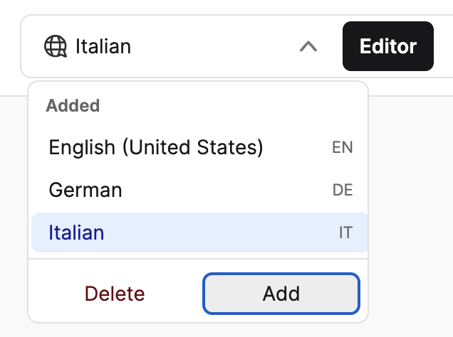 Language dropdown in the top menu of the Form Editor
