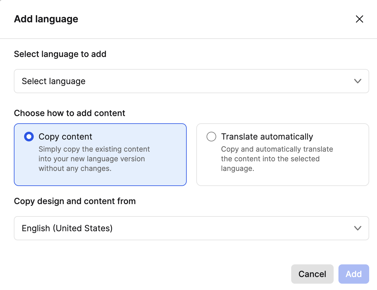 Add language dialog with language and content options