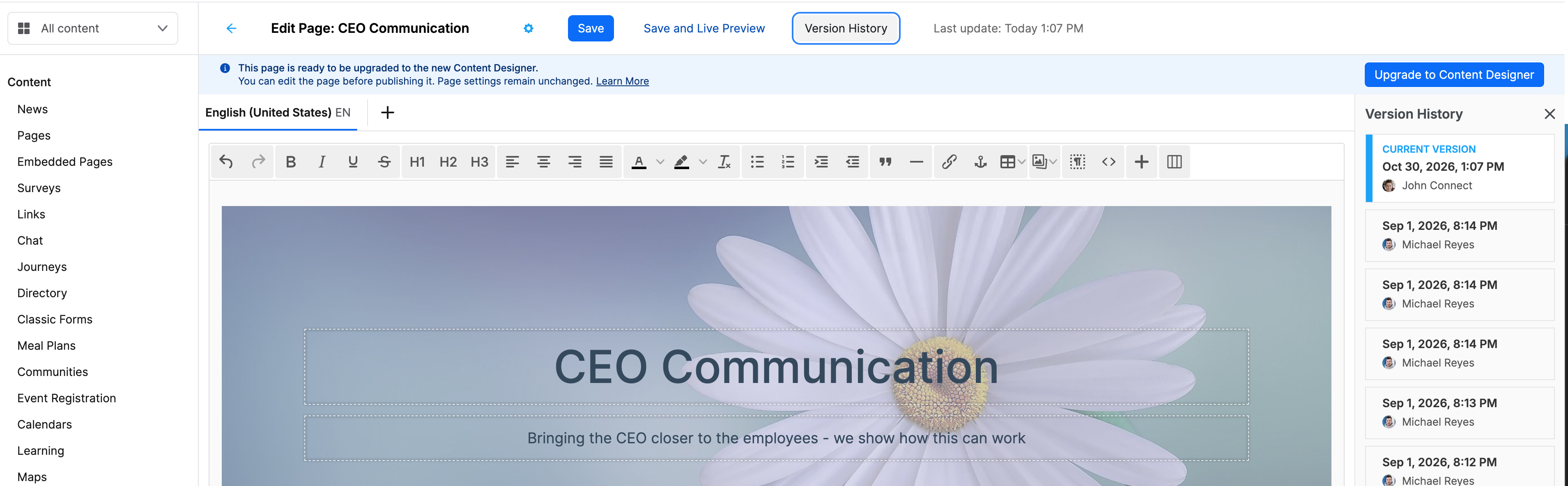 Version history in the Classic Editor
